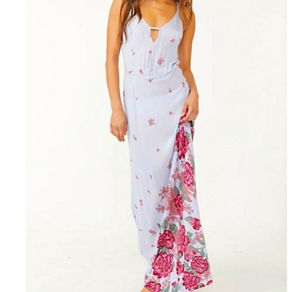 Free People Get to You Printed Maxi Dress Hydrangea Combo - Picture 2 of 7